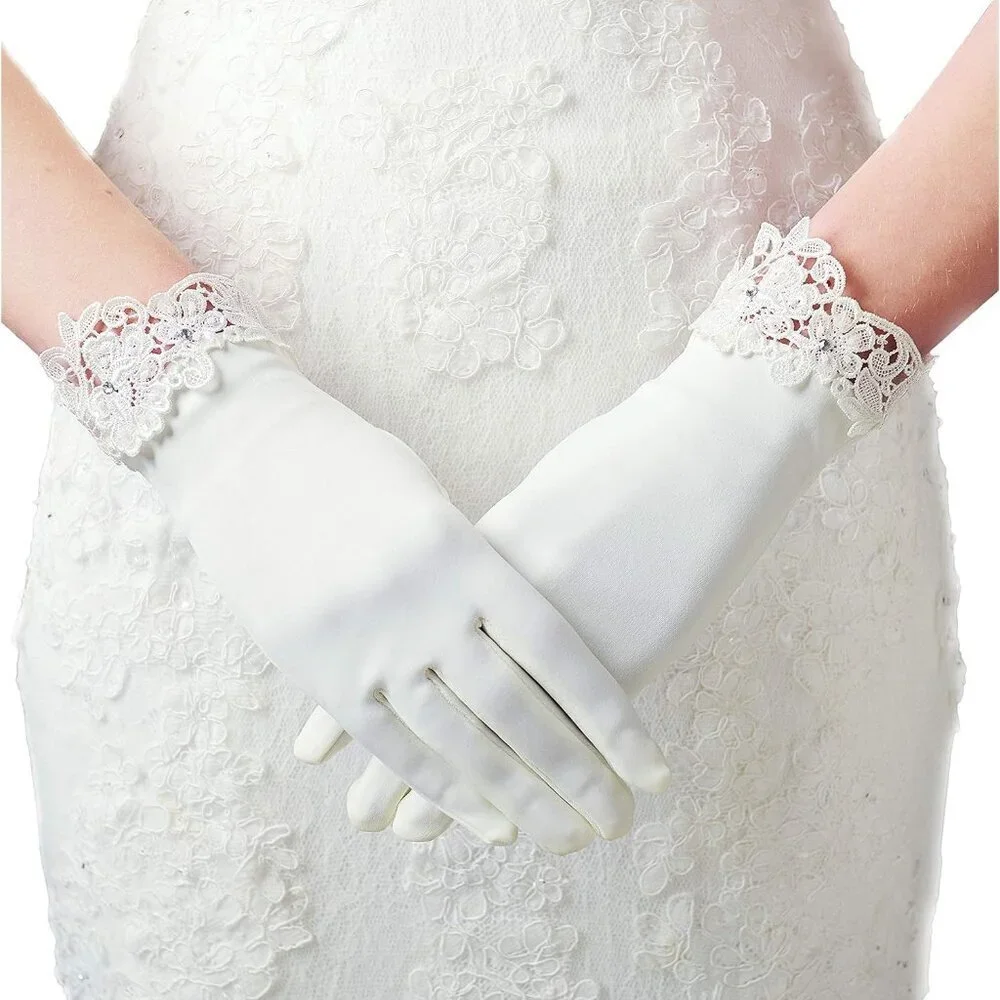 Women's White Lace Gloves Floral Flapper Bridal Wedding Party Prom Accessories